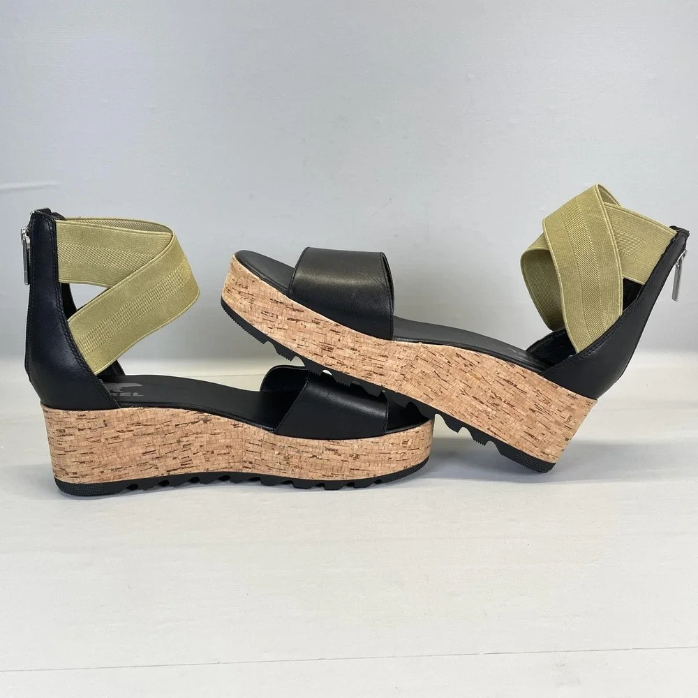Sorel Cameron Flatform Wedge Sandals Womens Size 9.5 Black Leather Ankle Strap